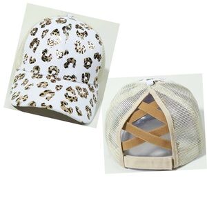New Leopard White & Gold Print Trucker Hat, Cross Strap Back Mesh for Ponytail